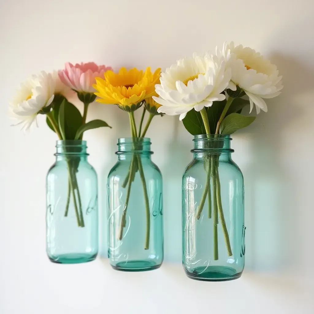 a photo of vintage mason jars used as wall vases