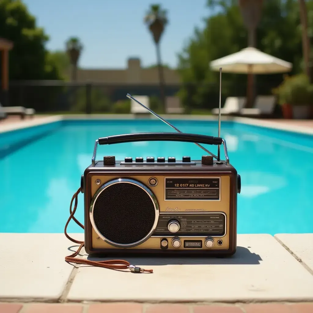 a photo of a retro radio playing music near a sparkling pool