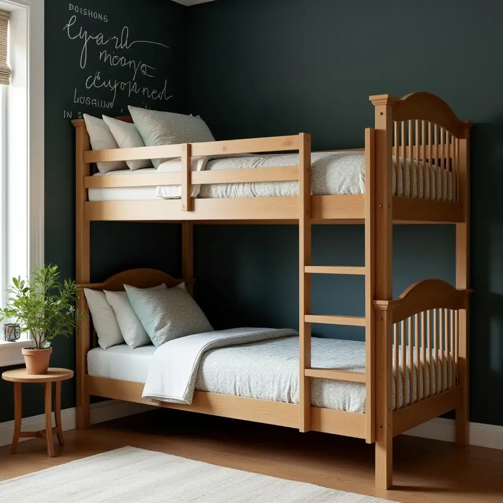 a photo of a vintage-inspired bunk bed with a chalkboard wall