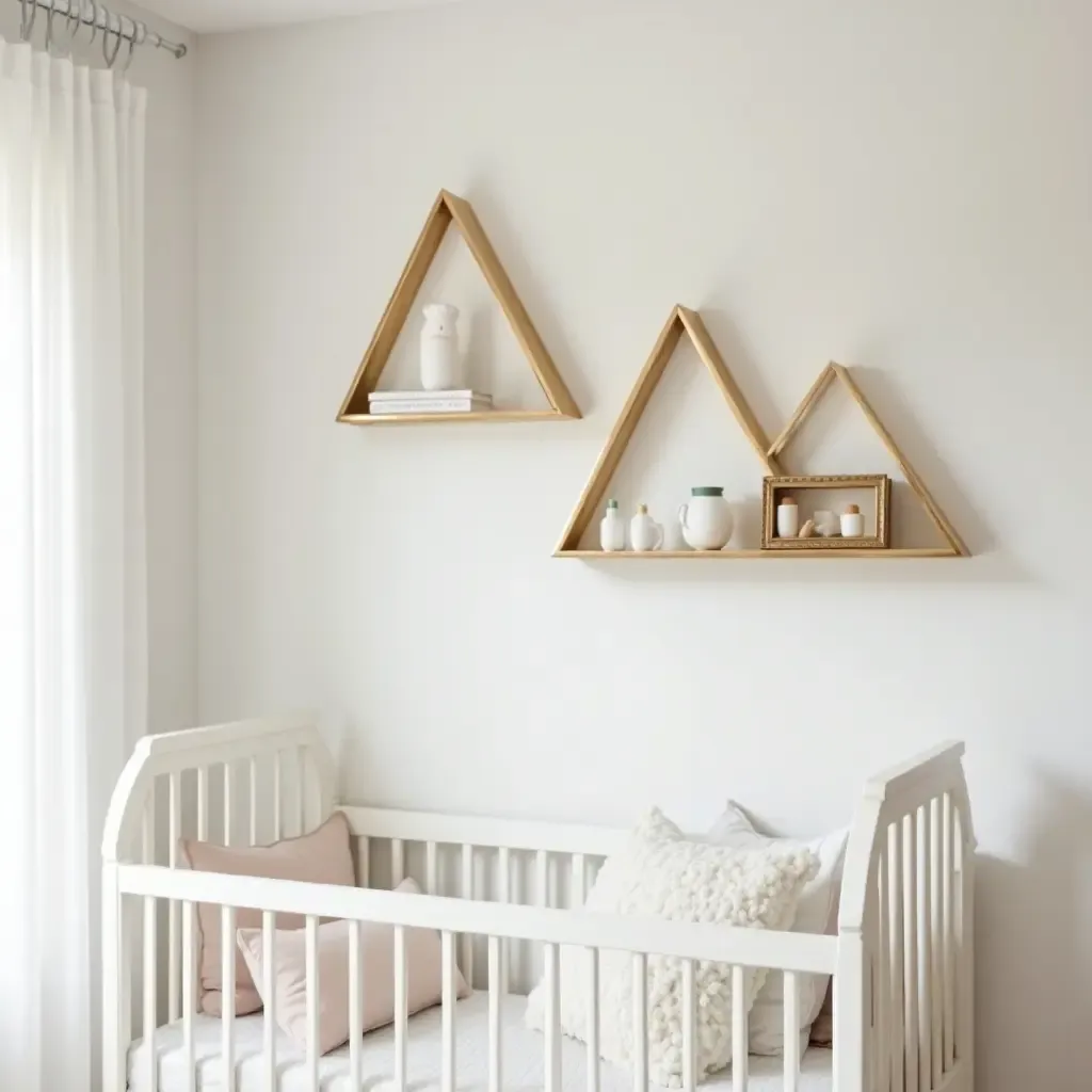 a photo of a nursery with metallic gold accents on the wall shelves