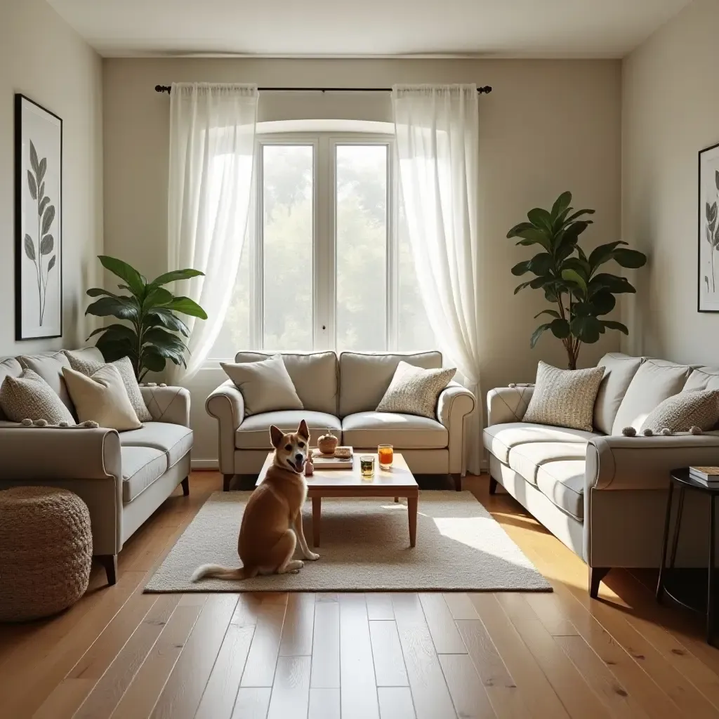 a photo of a pet-friendly living room with durable materials and space