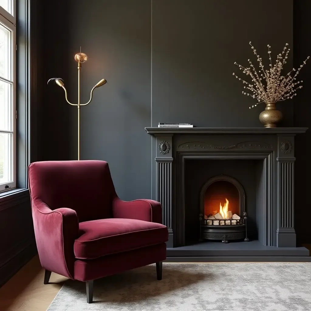 a photo of a stylish burgundy accent chair next to a fireplace