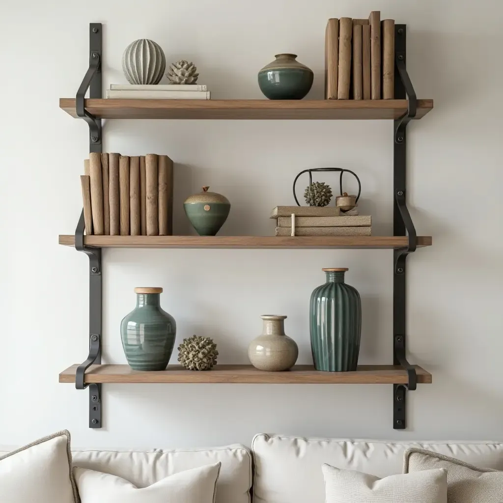 a photo of a wall-mounted bookshelf displaying decorative items