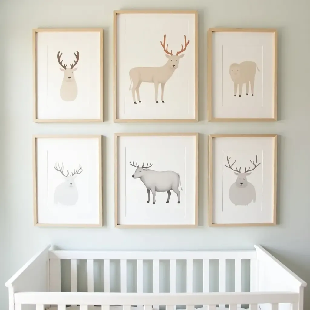 a photo of a nursery gallery wall displaying seasonal artwork