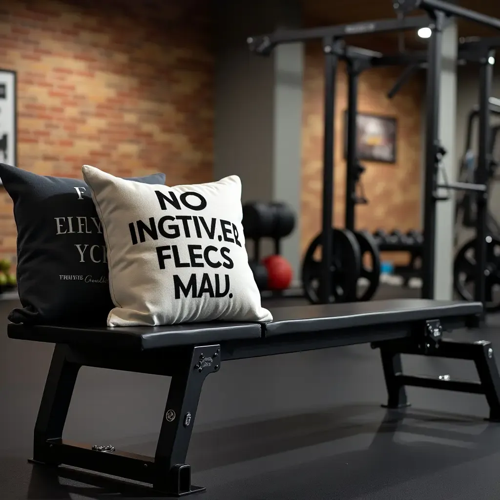 a photo of a basement gym area with motivational throw pillows on a bench