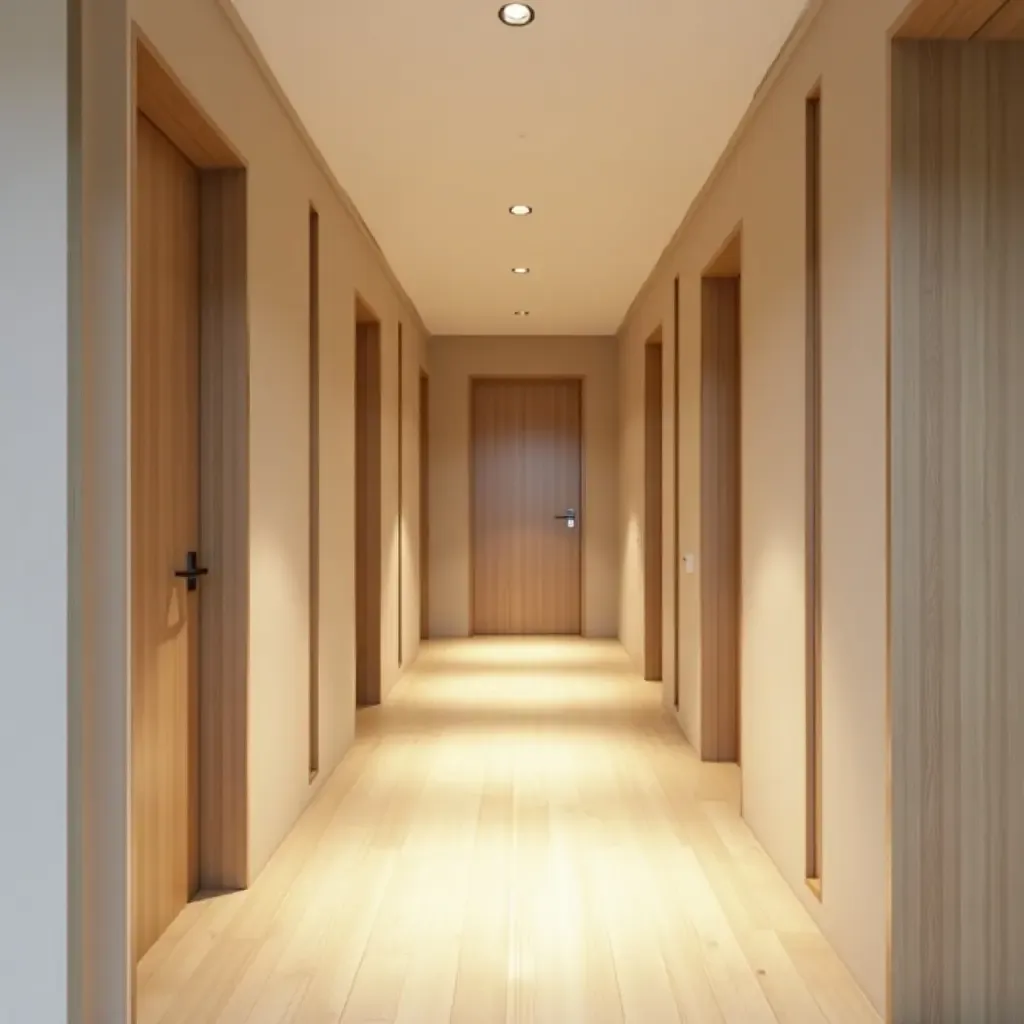 a photo of an inviting hallway with light wood accents and soft lighting