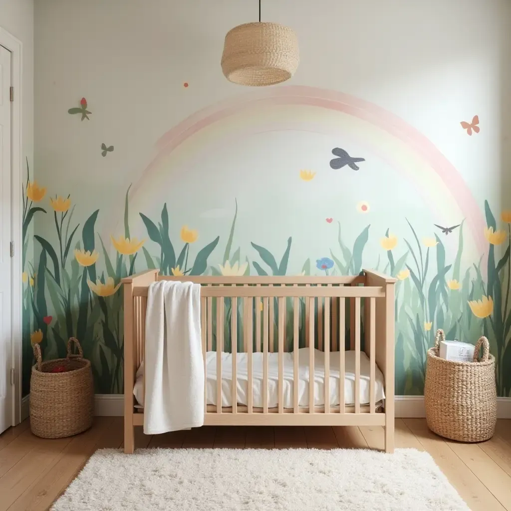 a photo of a nursery with a whimsical mural and rustic decor elements