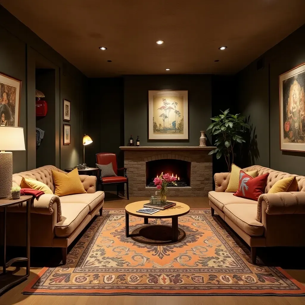 a photo of a basement lounge with a mix of vintage and modern decor