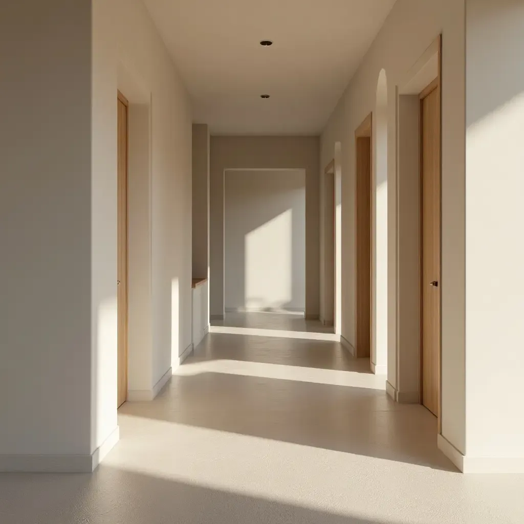 a photo of a spacious hallway with a calming color scheme and soft textures