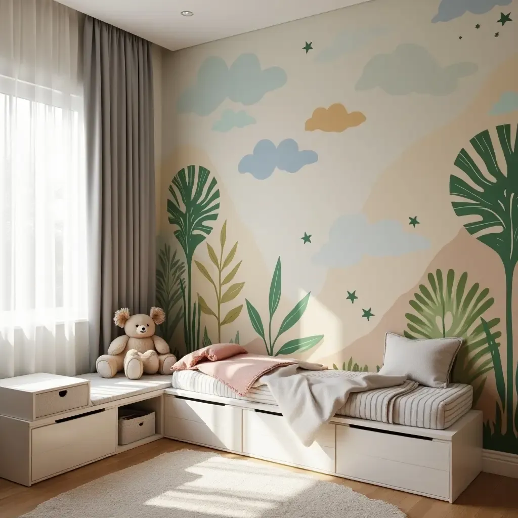 a photo of a kids&#x27; bedroom featuring a creative mural and storage