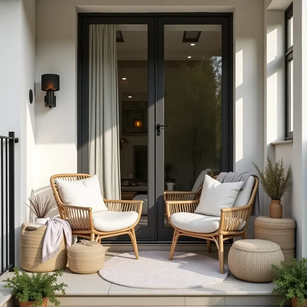 a photo of a welcoming Scandinavian balcony with layered textiles and plush seating