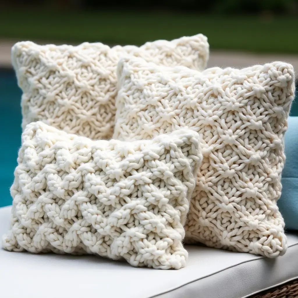 a photo of knitted throw pillows adding texture to poolside decor