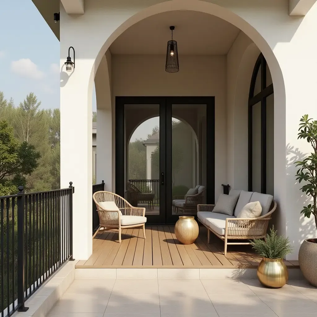 a photo of a balcony showcasing metallic accents in a Mediterranean style