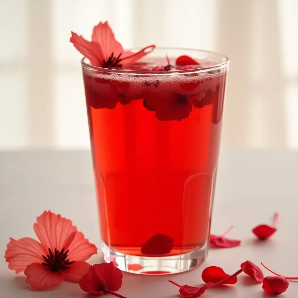 a photo of a glass of Luoshenhua tea, a hibiscus-based drink, with vibrant red color and flower petals.