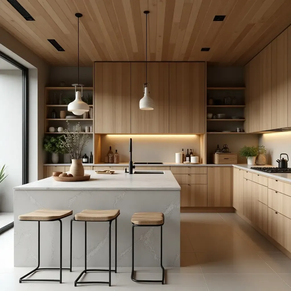 a photo of a contemporary kitchen with a focus on natural materials and textures