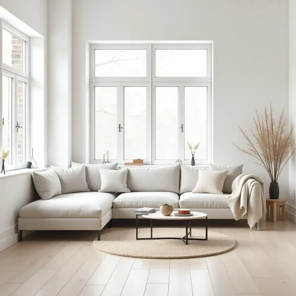 a photo of a bright and inviting Scandinavian living room with a large, comfortable sofa