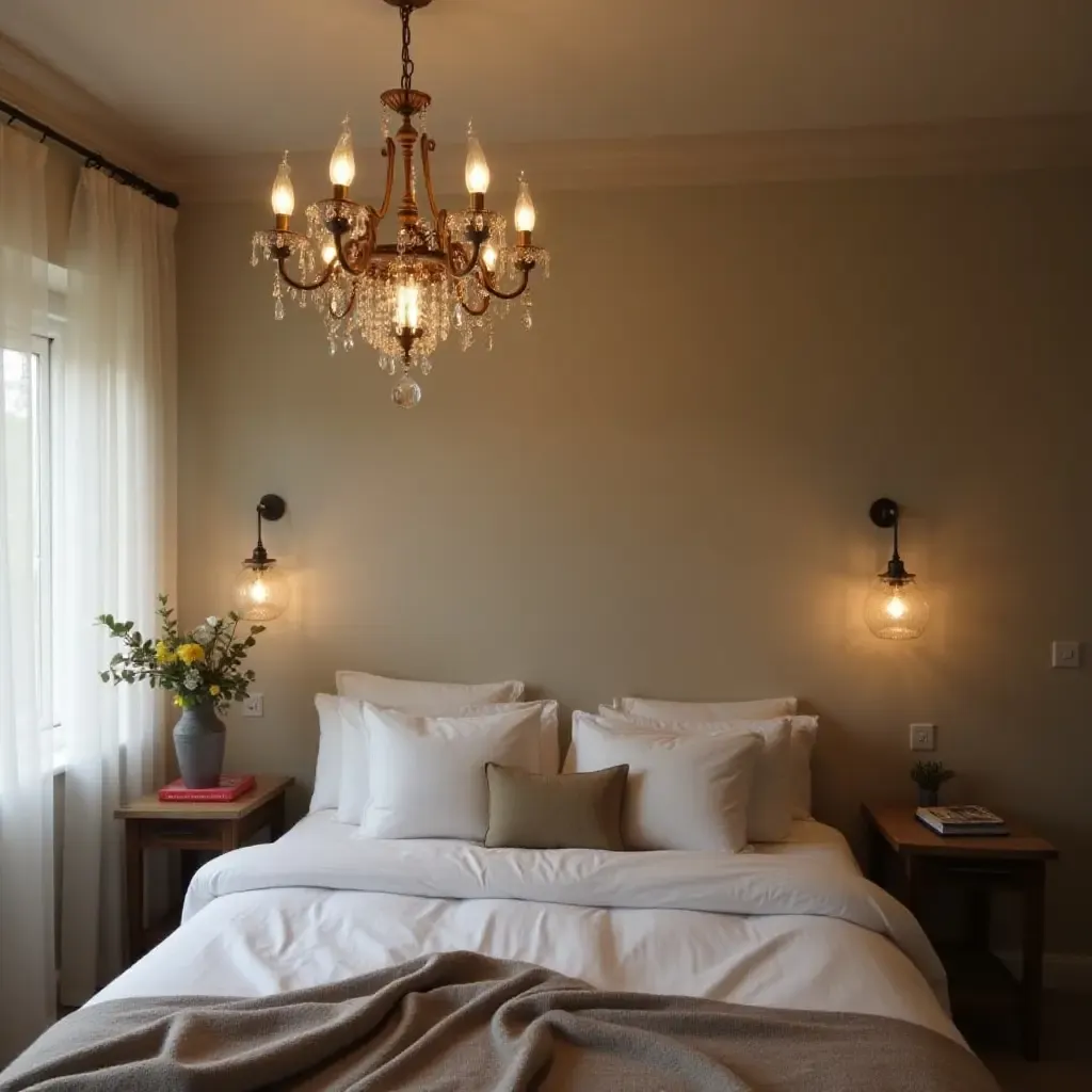 a photo of a vintage-inspired chandelier hanging above a cozy bed