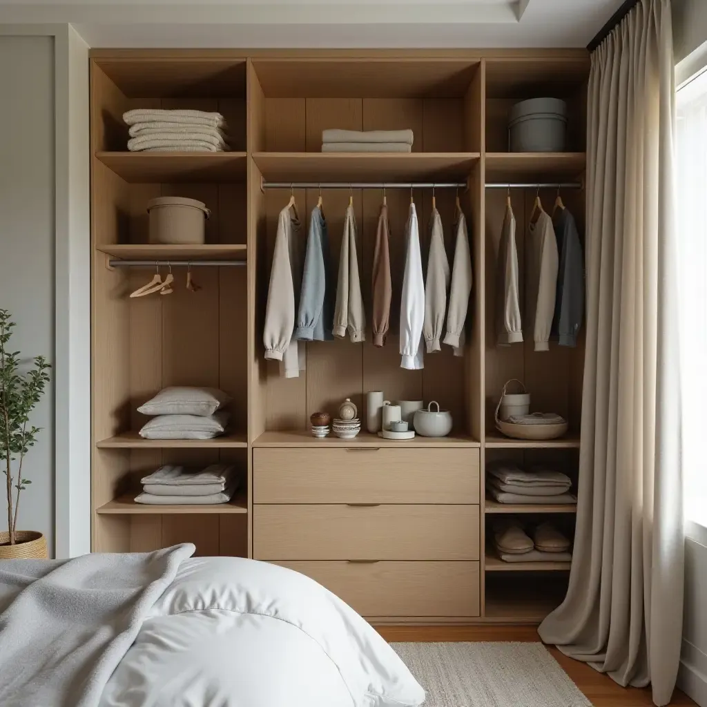 a photo of a cozy bedroom featuring a creative closet organization