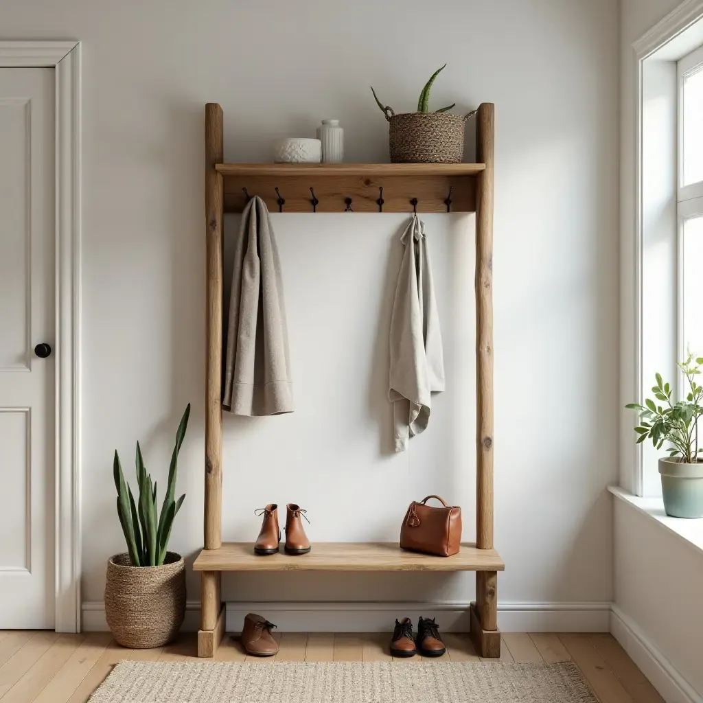 a photo of a rustic wooden coat rack in an entryway