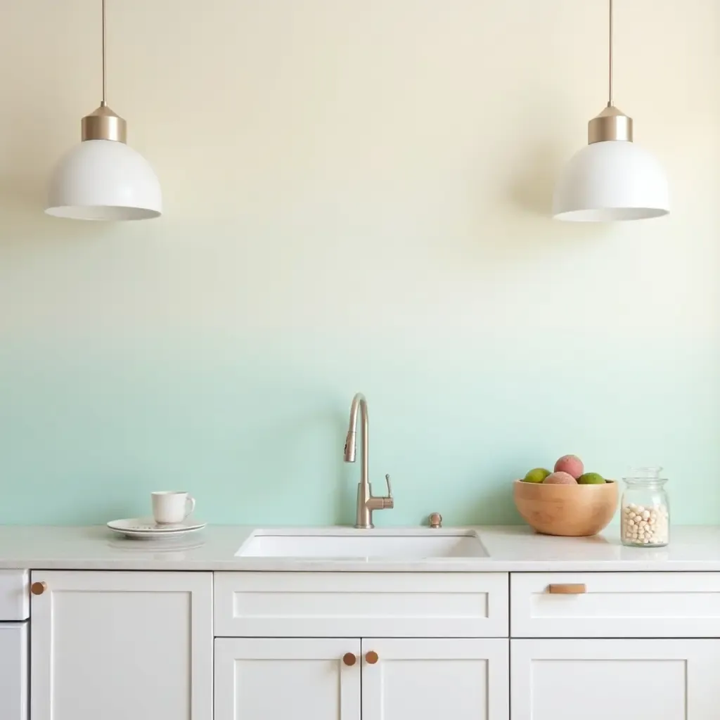 a photo of a bright and airy backsplash with pastel colors in a coastal kitchen