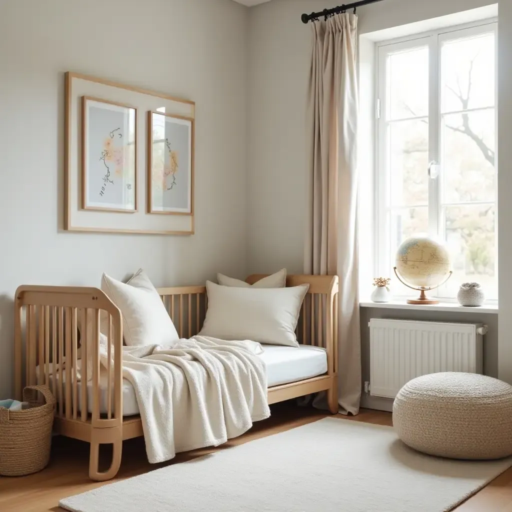 a photo of a nursery corner with a reading nook and a small globe