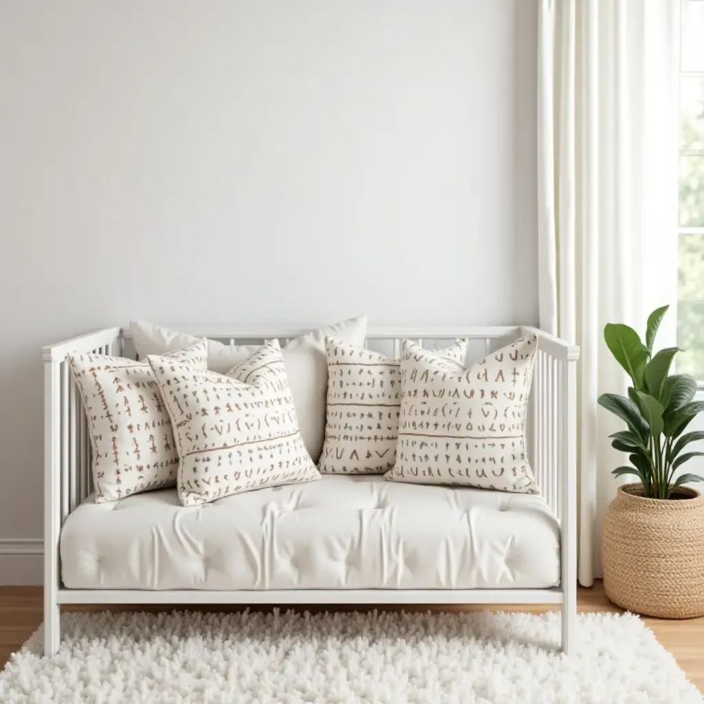 a photo of patterned throw pillows enhancing a nursery decor