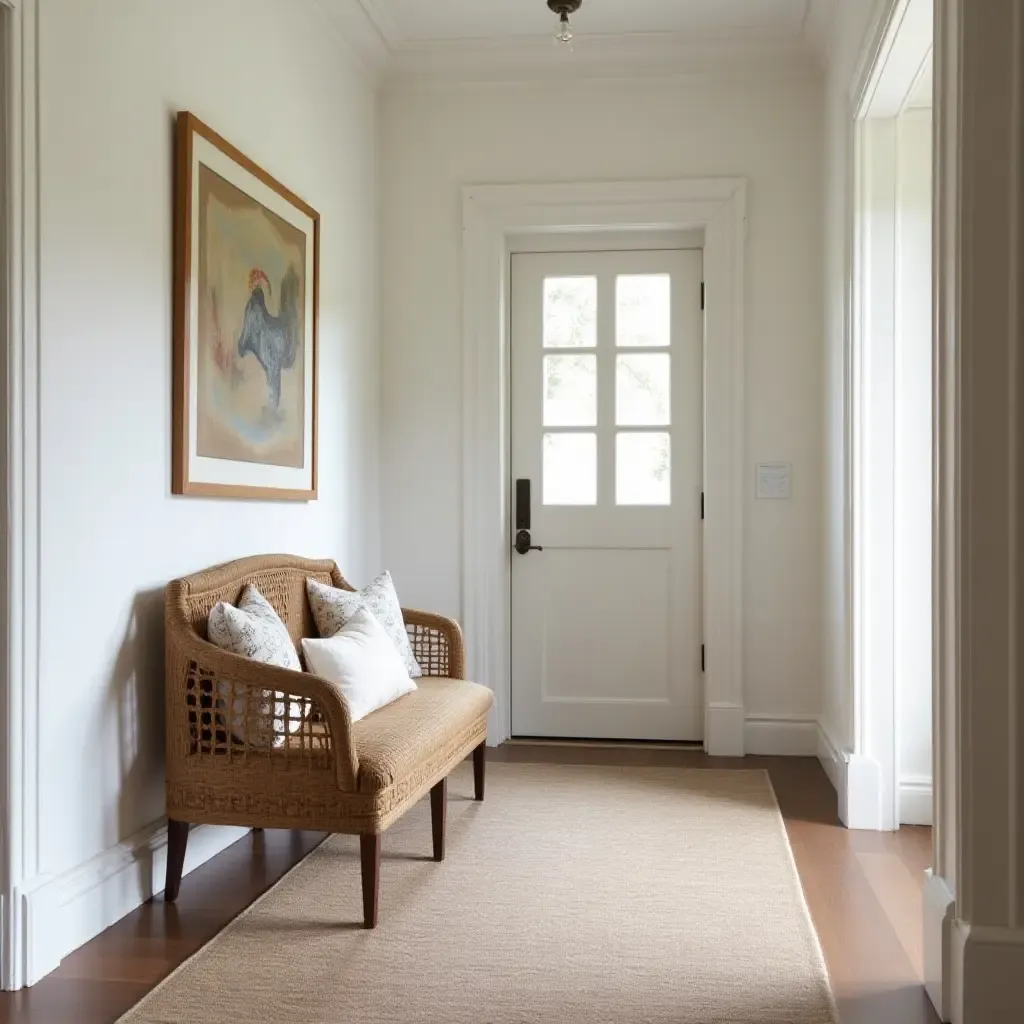 a photo of a bohemian-style bench with woven details in a corridor