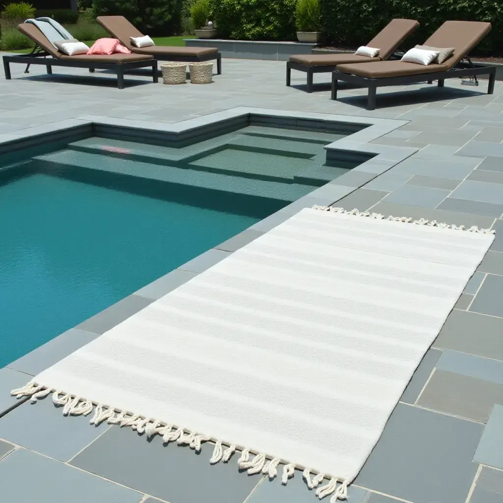 a photo of a sleek, waterproof rug designed for poolside use