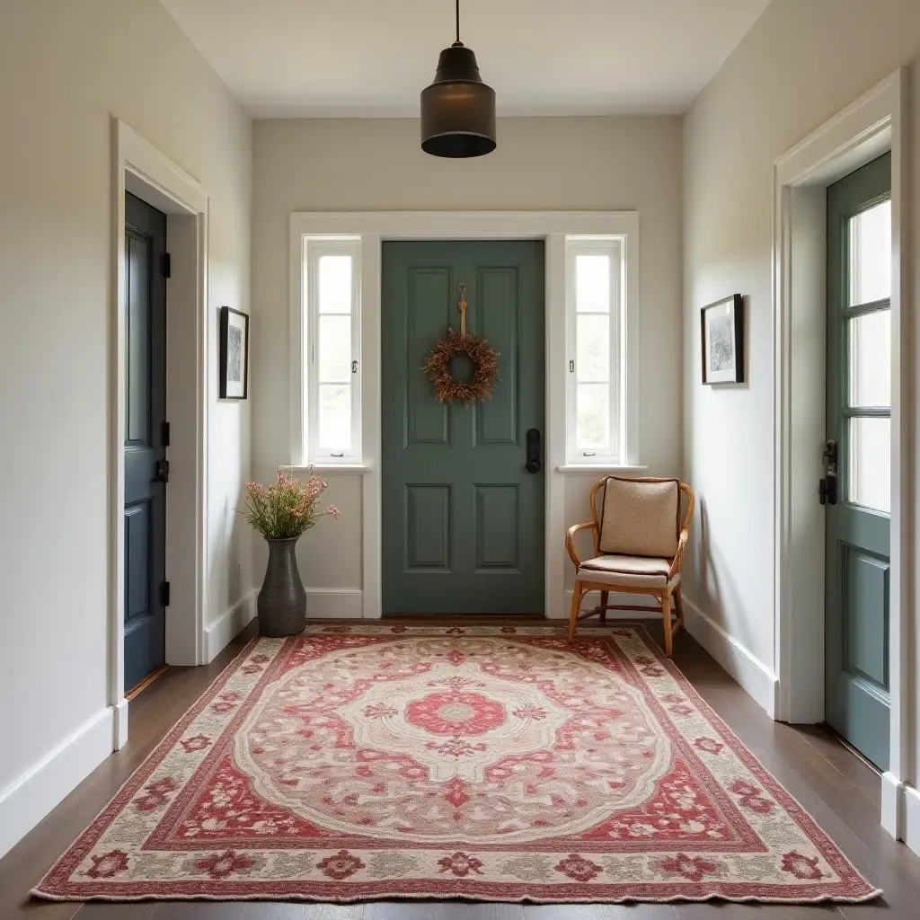 a photo of a charming vintage rug adding warmth to an entrance hall