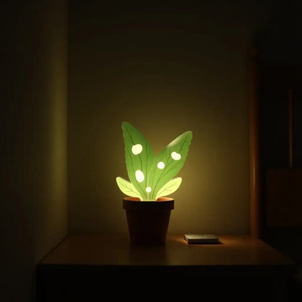 a photo of a plant-themed nightlight in a bedroom