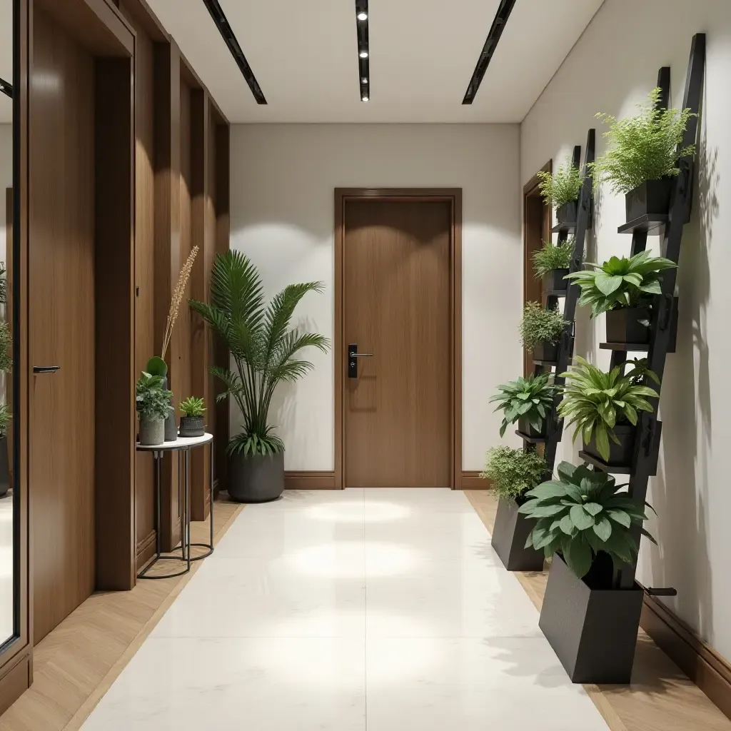 a photo of a stylish corridor with a plant ladder display