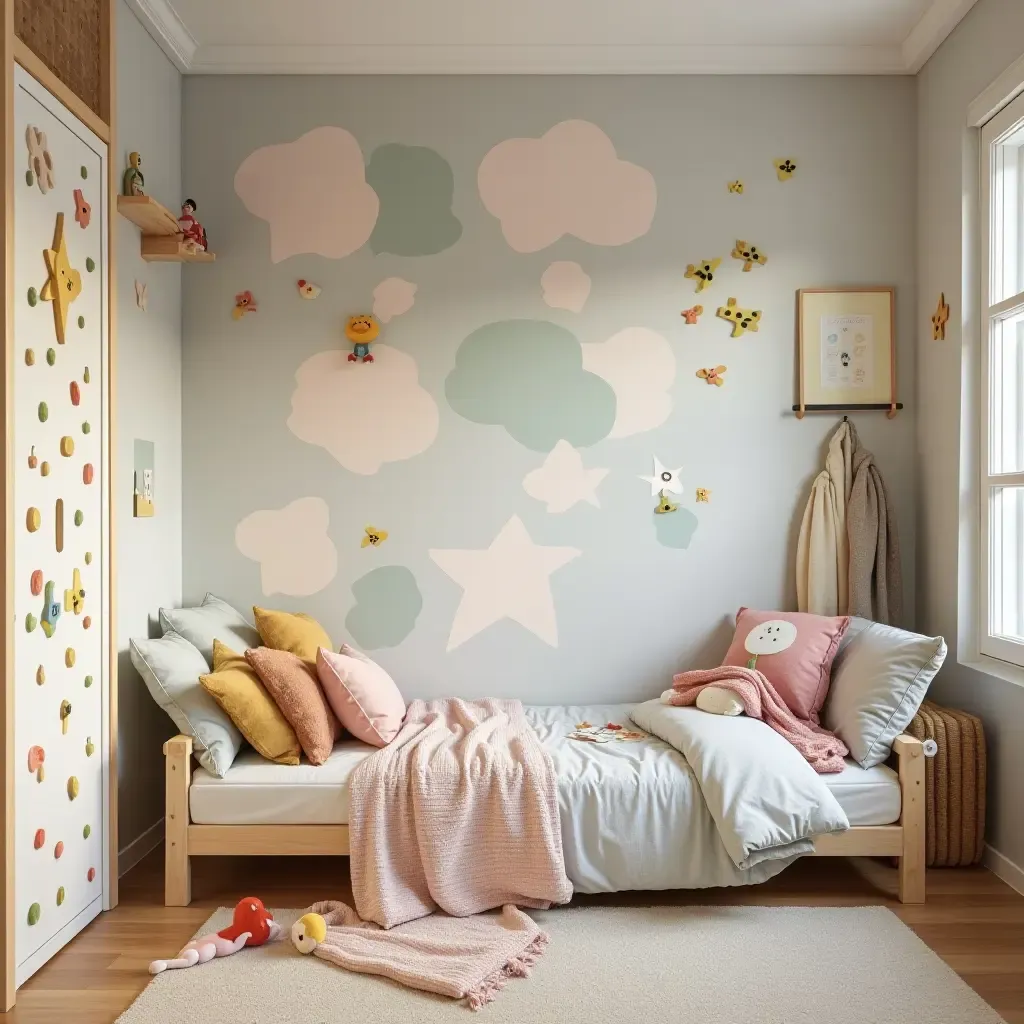 a photo of a shared bedroom with a fun, interactive wall and playful decor