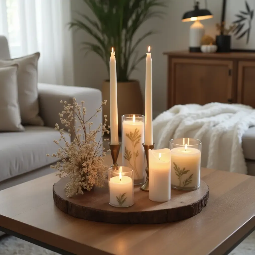 a photo of a stylish coffee table adorned with candles and natural decor elements