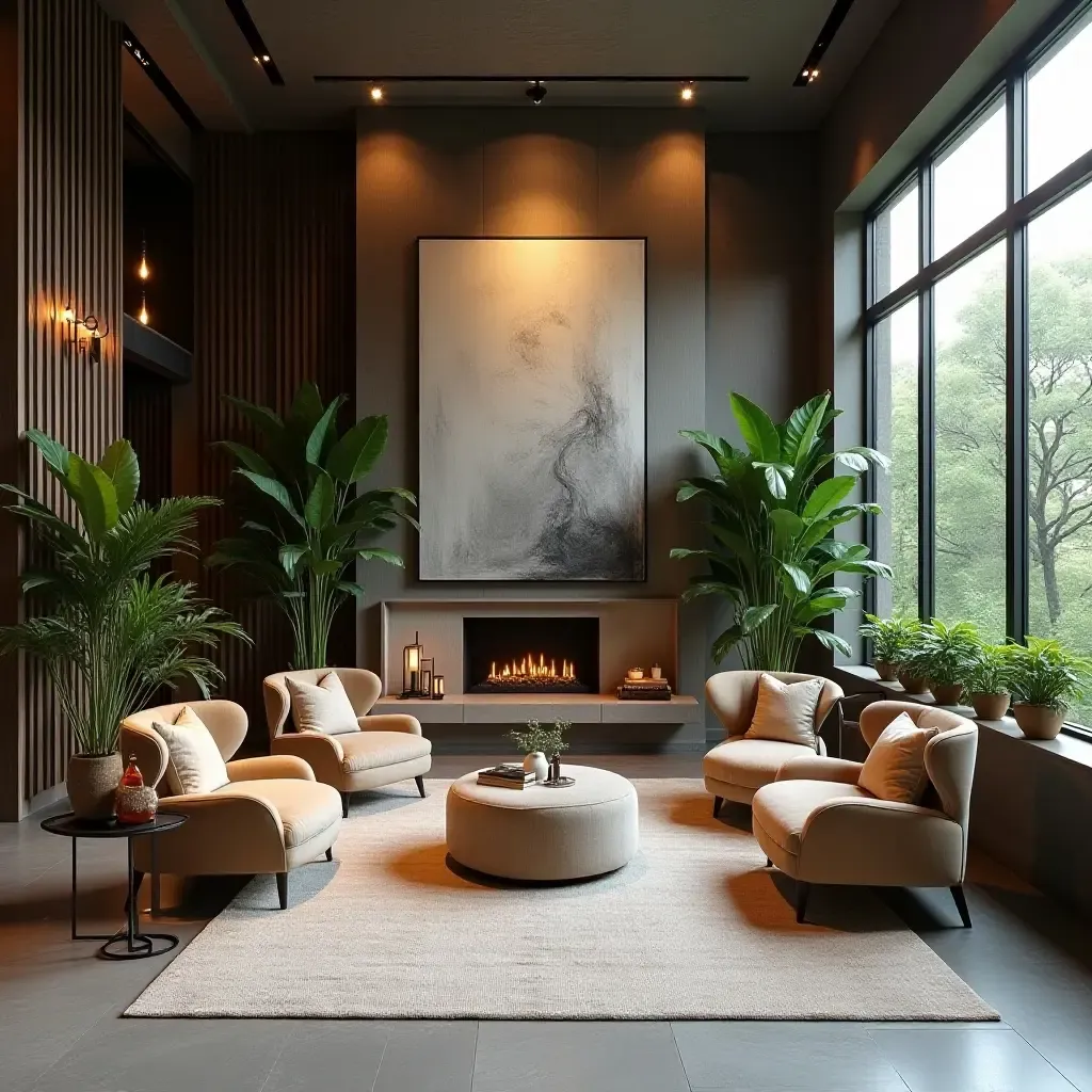 a photo of a chic lounge with a contemporary design and lush plants