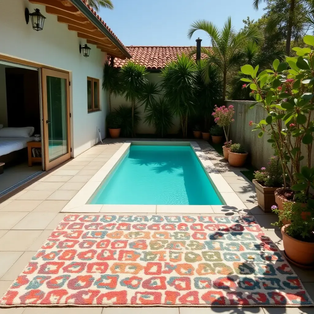 a photo of a small pool area with colorful outdoor rugs for warmth