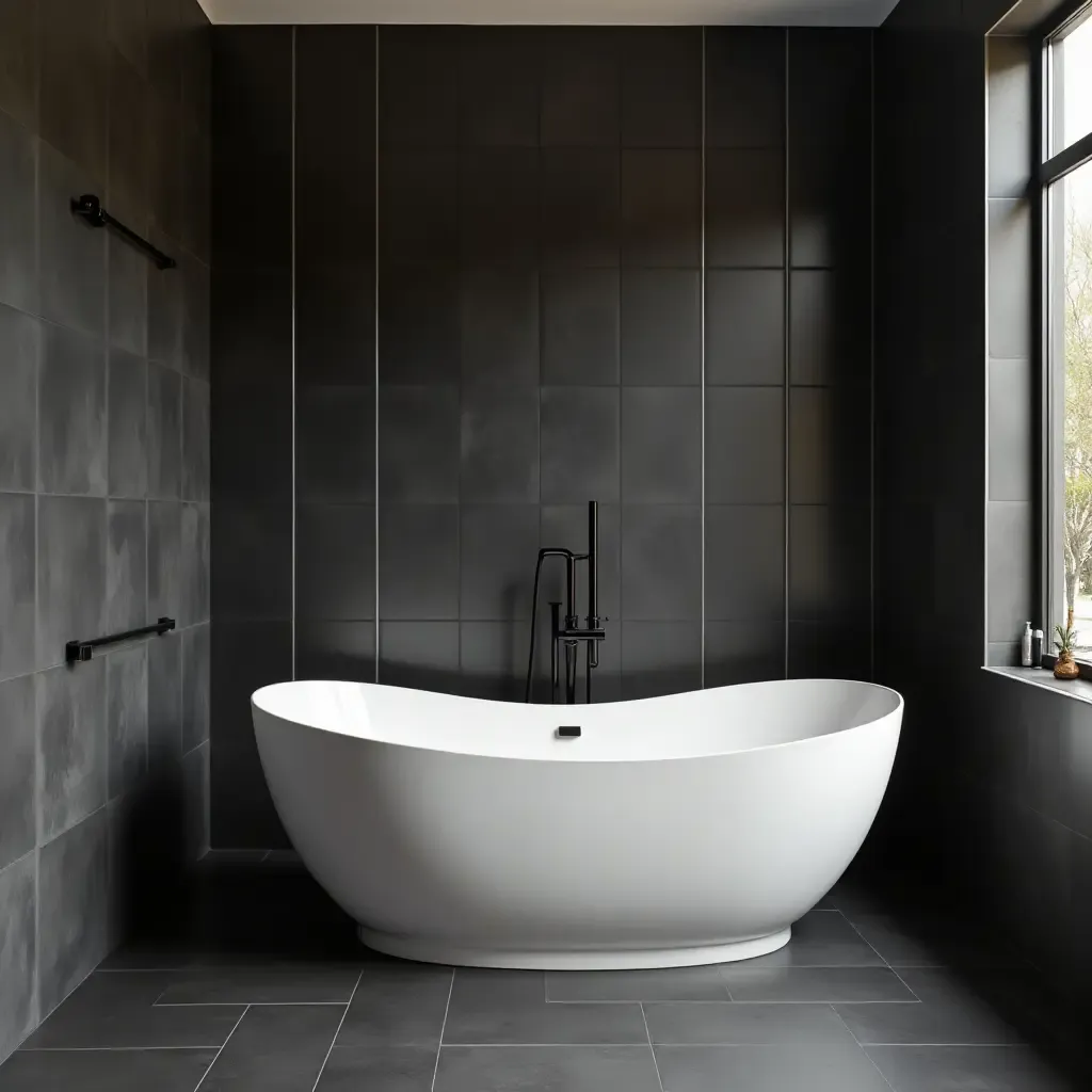 a photo of a contemporary bathroom with matte black tiles and a freestanding tub