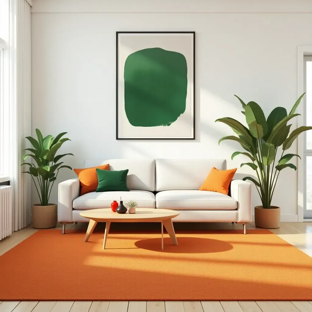 a photo of a bright living room featuring a burnt orange rug and green artwork