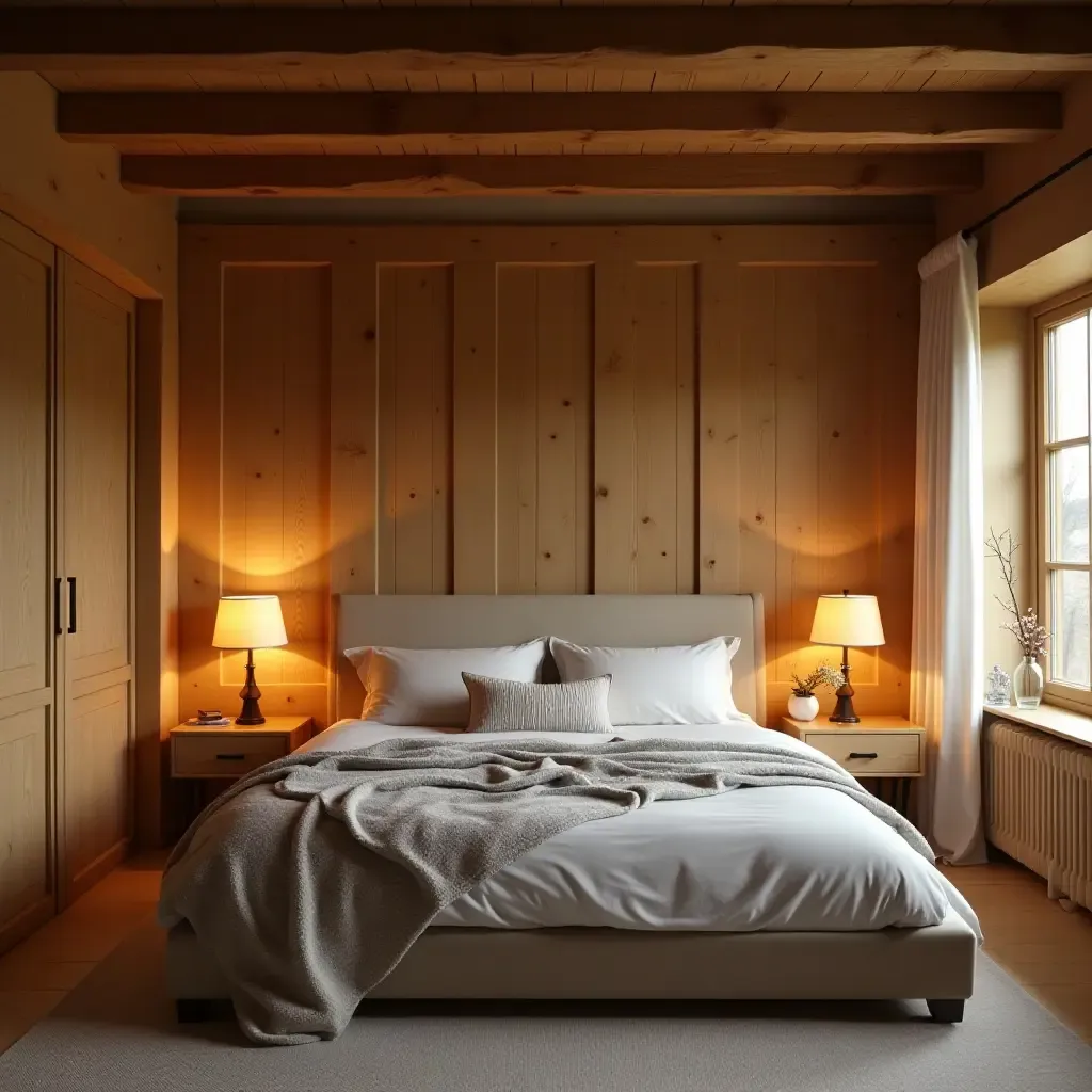 a photo of a cozy bedroom with wooden beams and warm lighting