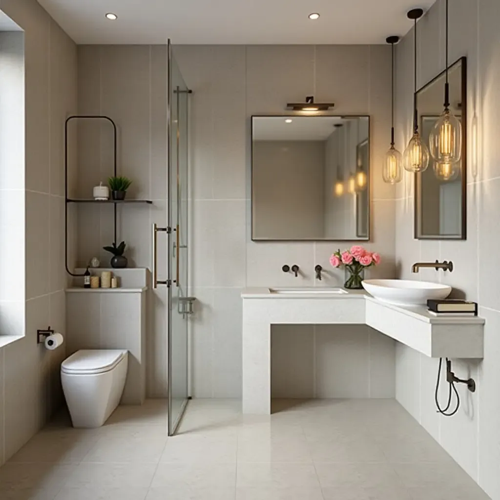 a photo of a sleek bathroom with pendant lights that match the tile design