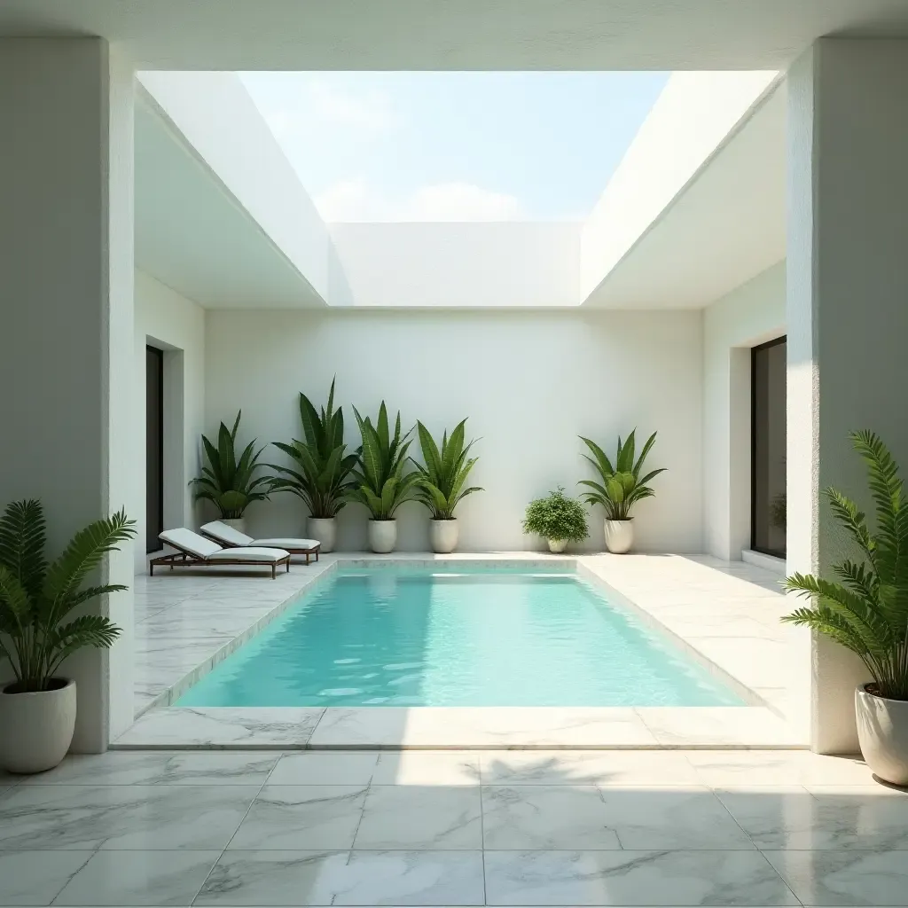 a photo of a light-filled poolside space with whitewashed walls and greenery