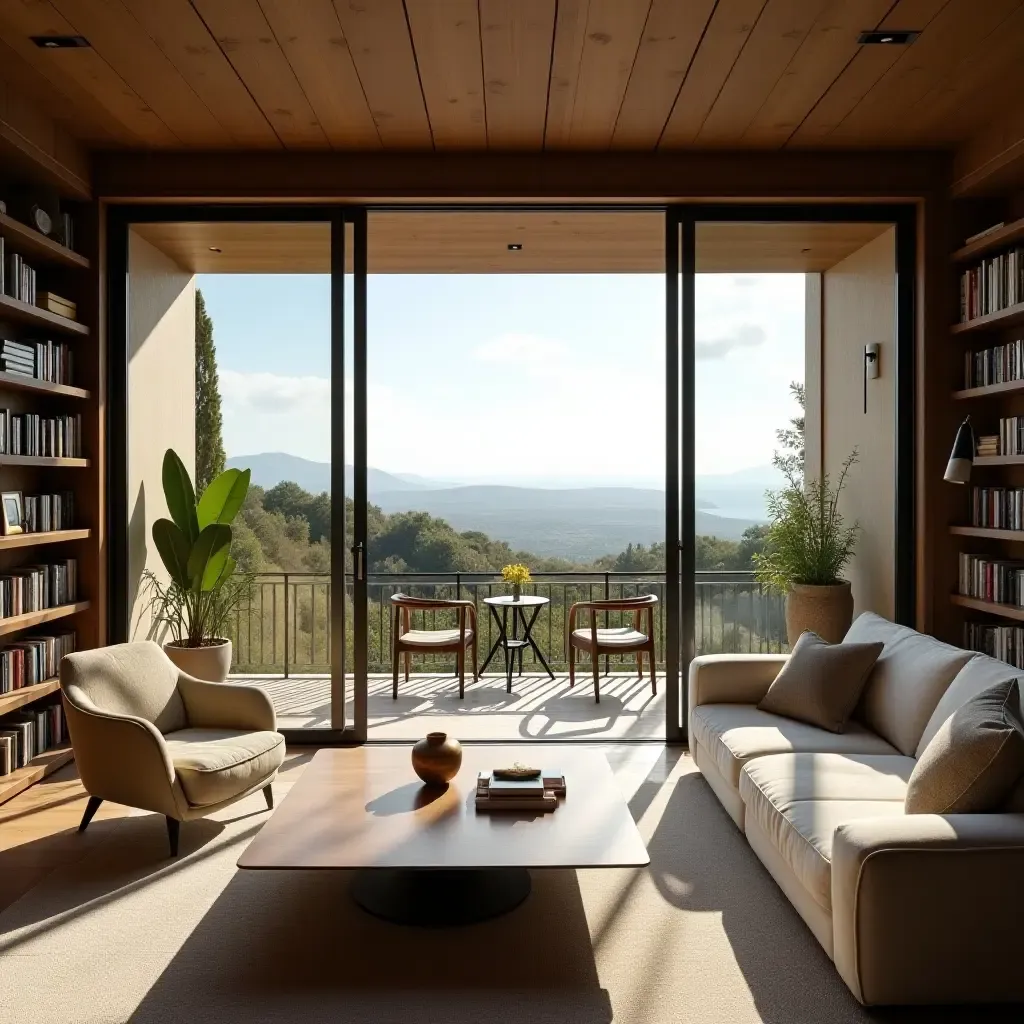 a photo of a home library with a balcony overlooking a Mediterranean landscape