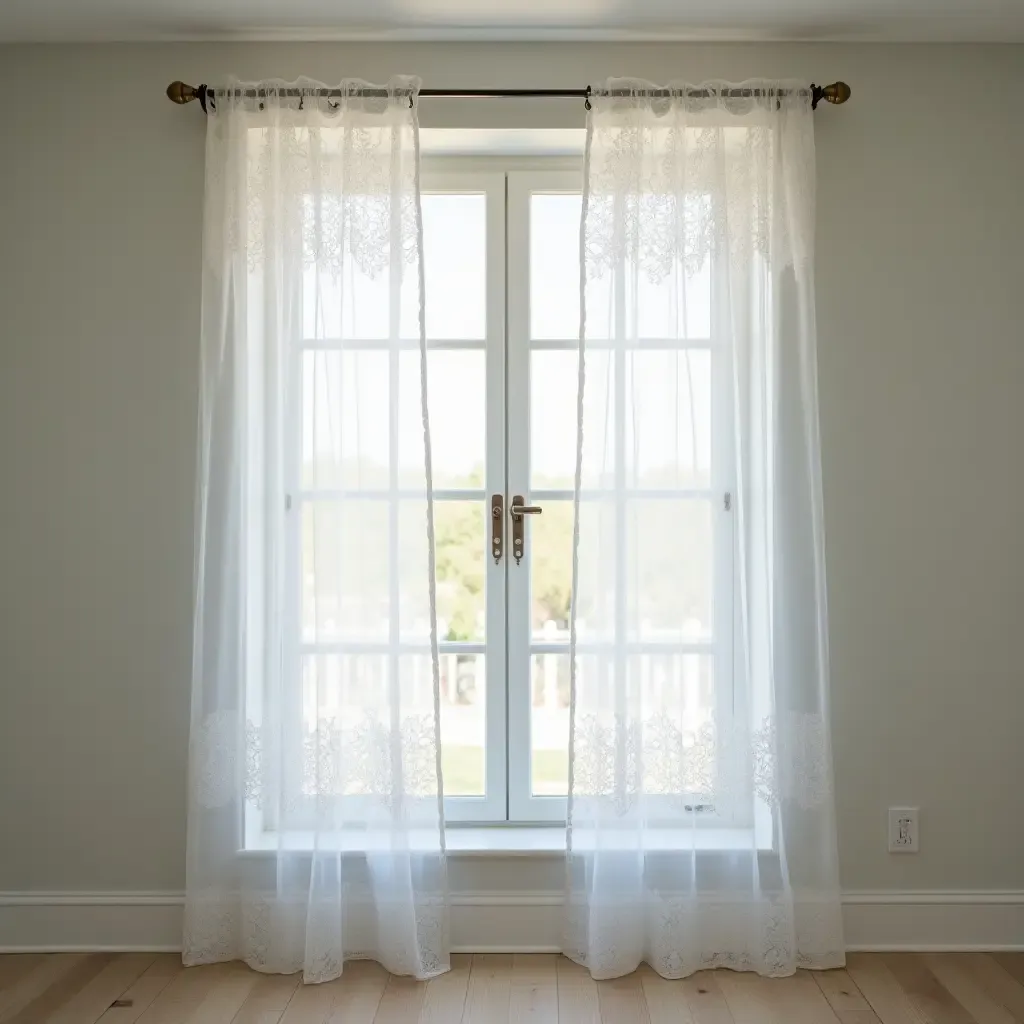 a photo of a bathroom window with sheer lace curtains