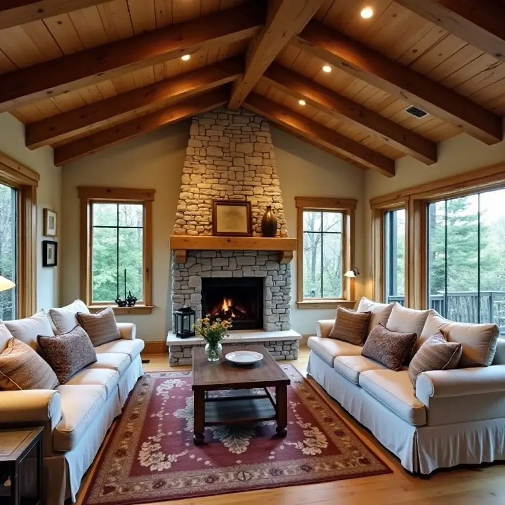 a photo of a cozy kitchen with a stone fireplace and wooden beams