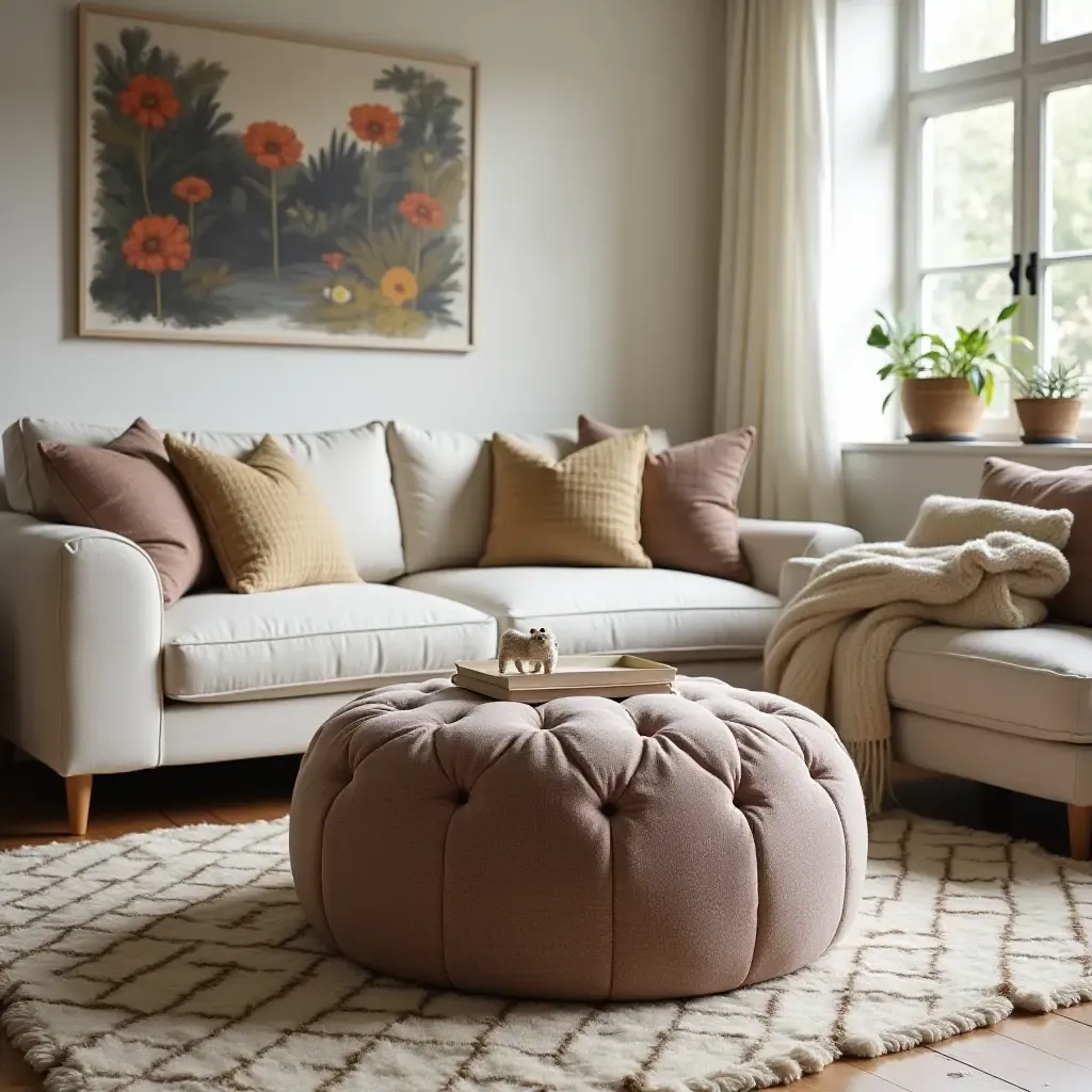 a photo of a cozy living room with a decorative storage pouf