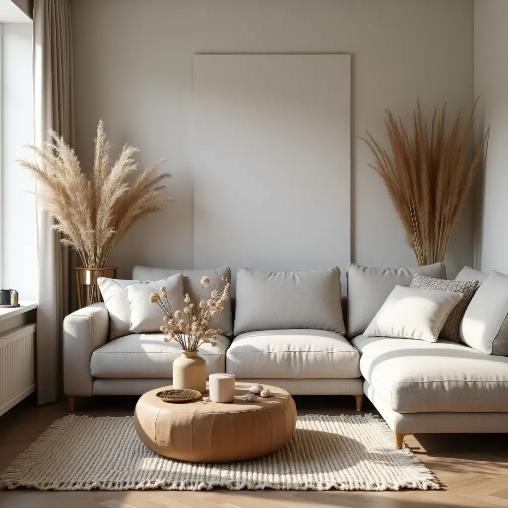 a photo of a living room adorned with dried flowers and rustic accents