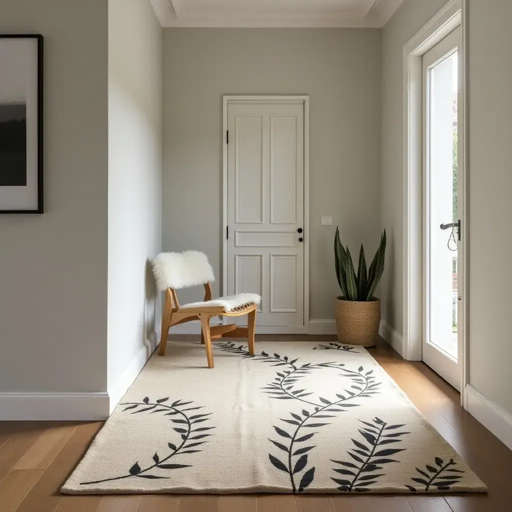 a photo of a stylish rug with a pattern of leaves in the entrance hall