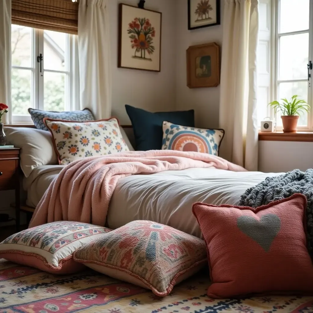 a photo of a bohemian teen bedroom with eclectic throw pillows on the floor