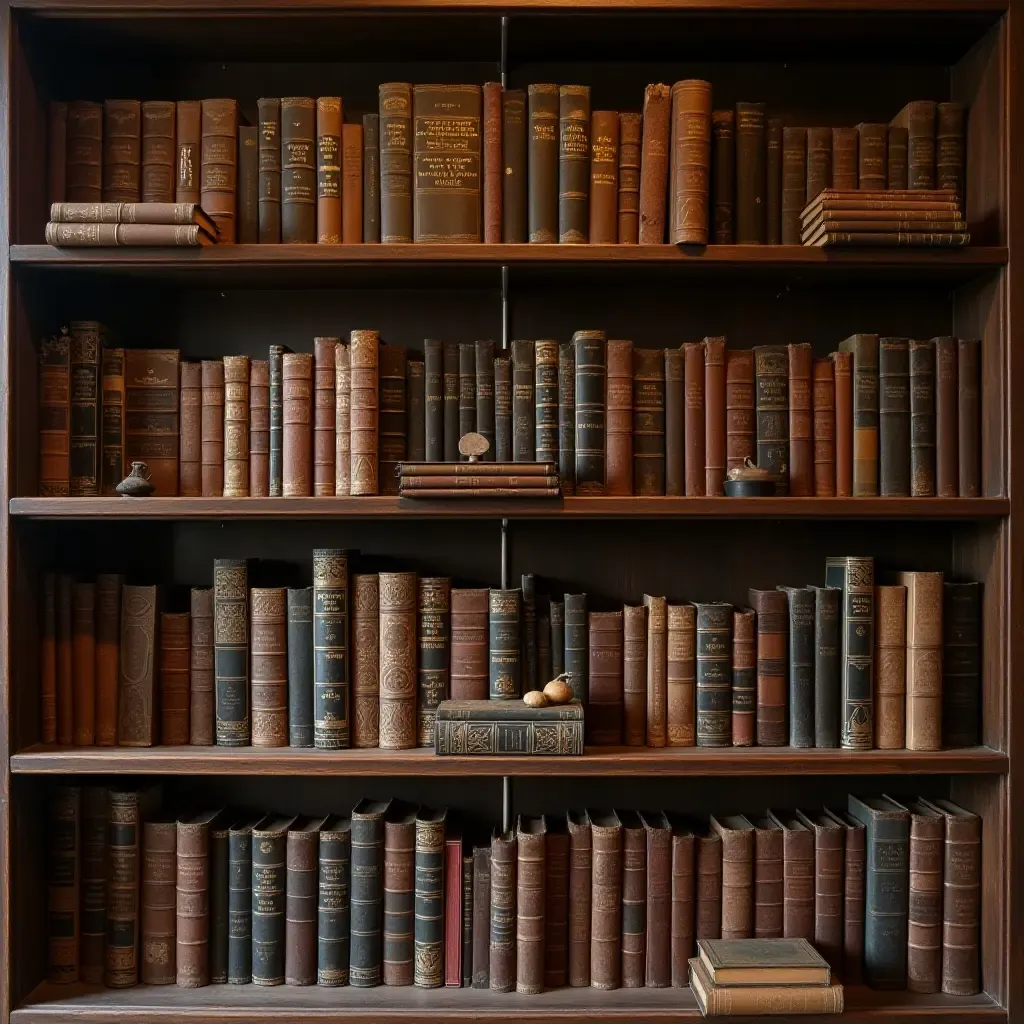 a photo of a wall displaying a collection of antique books