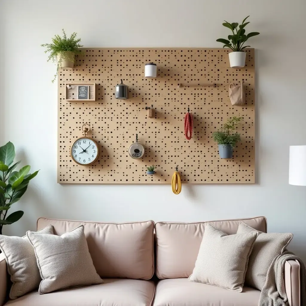 a photo of a colorful wall-mounted pegboard for organizing living room items