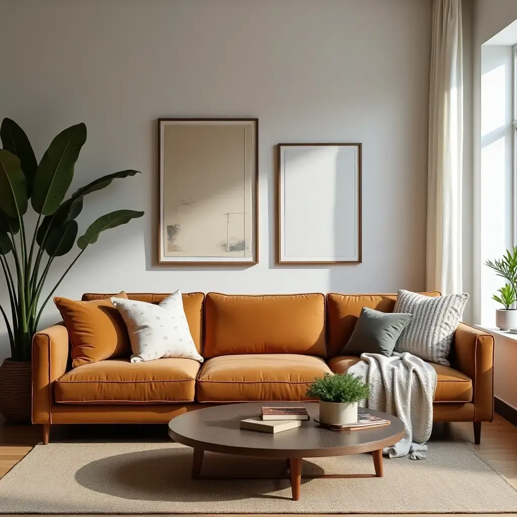 a photo of a living room featuring a cognac couch and layered textiles